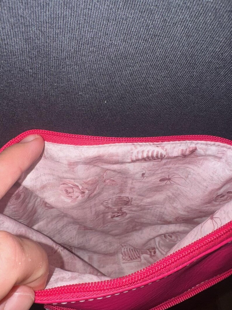 Pink rose, skeleton, and spider print lining