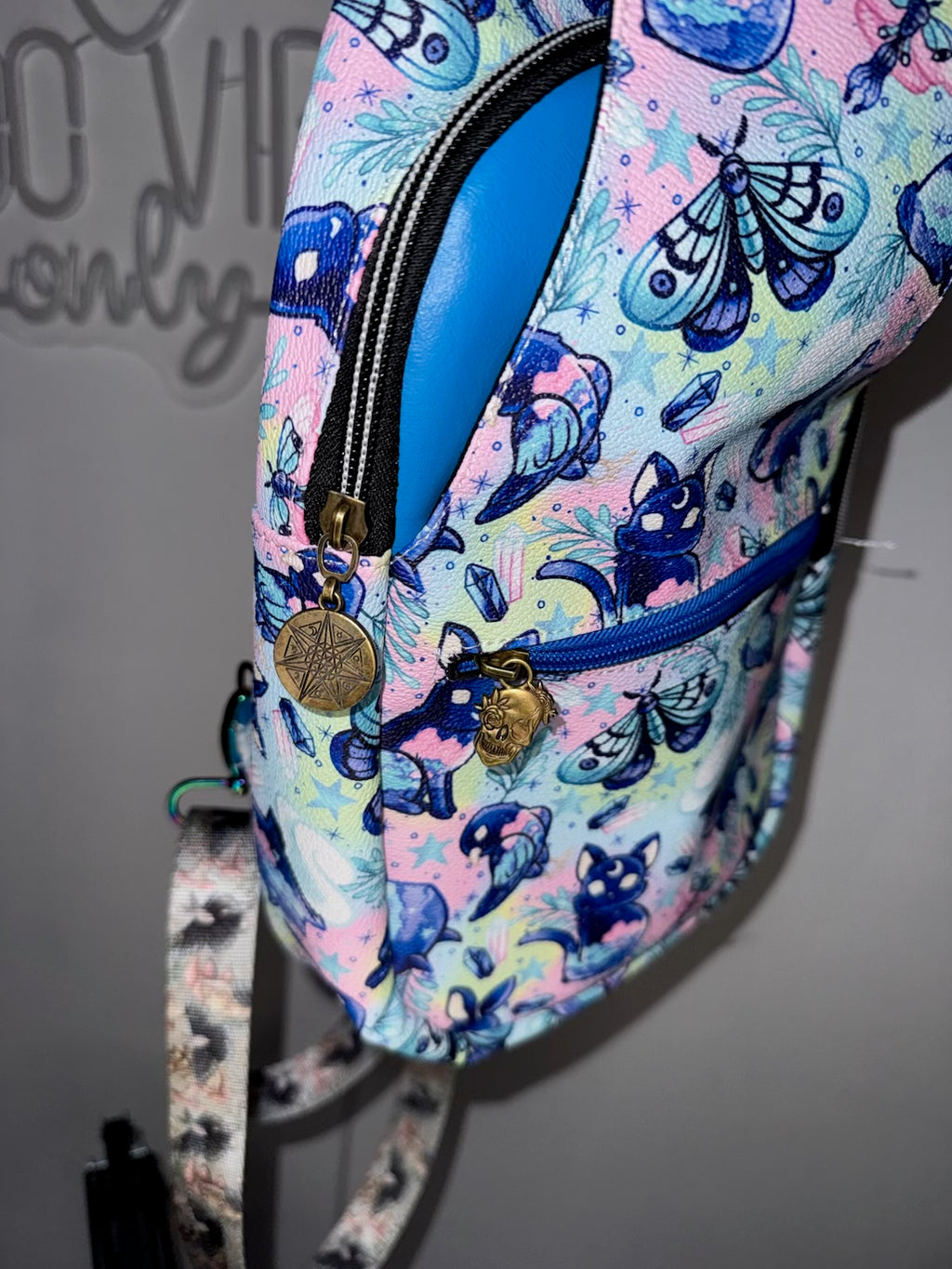 Pastel Cryptid Sling Bag | Kawaii Goth Crossbody | Black Cat and Moth Print | Handmade Adjustable Bag