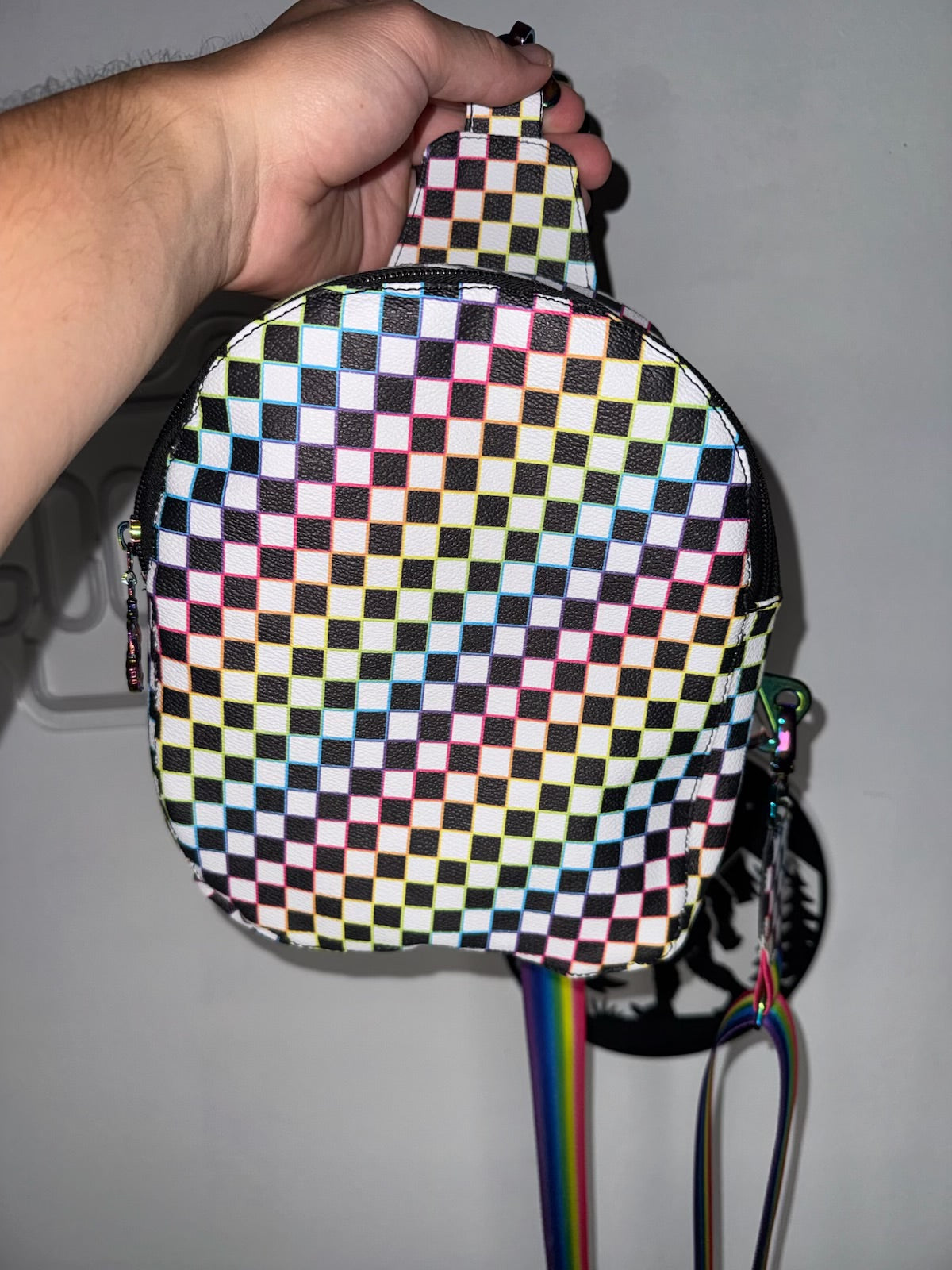 Rainbow Checkerboard Sling Bag – Handmade Faux Leather Crossbody Sling Backpack