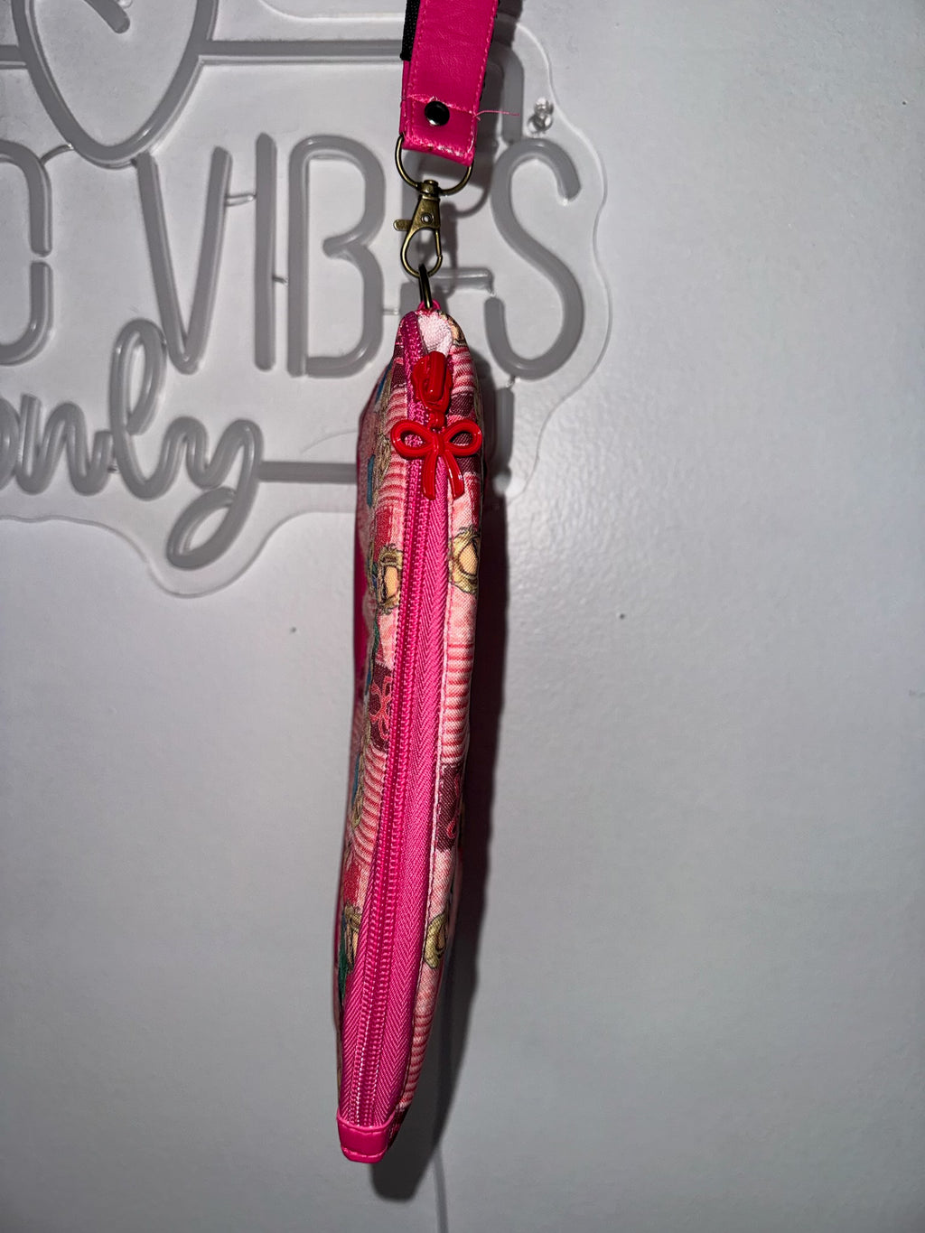 Pink Elle Woods inspired wristlet bag with removable wrist strap