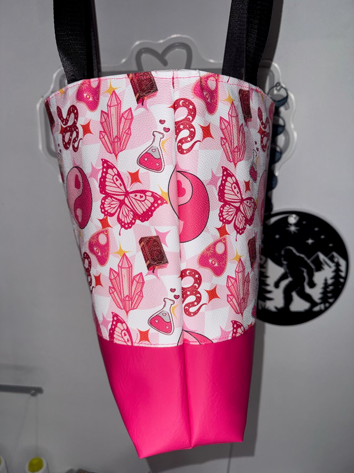 Whimsigoth Tote Bag | Witchy Snake and Crystal Print | Handmade Shoulder Bag | Pink Faux Leather Base