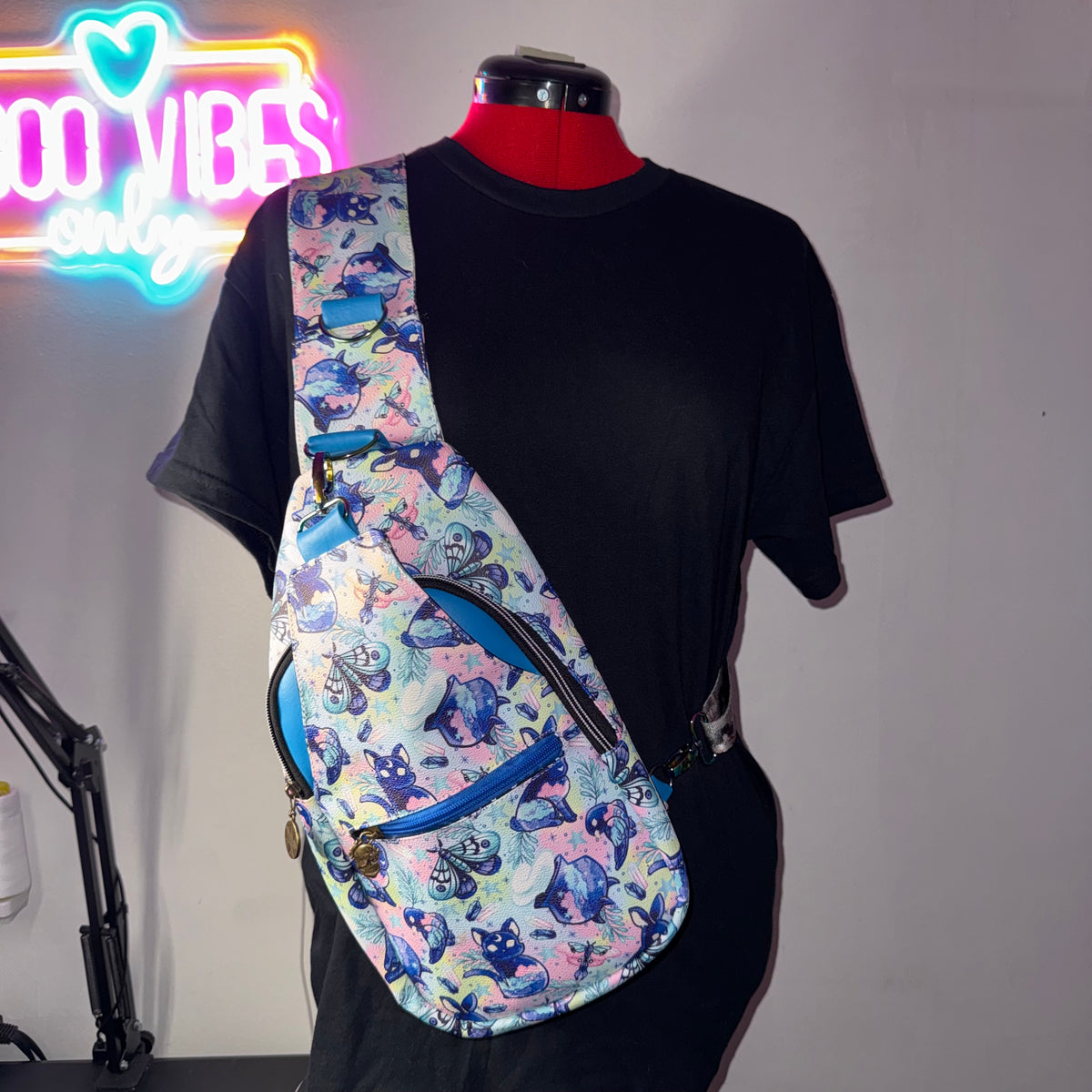 Pastel Cryptid Sling Bag | Kawaii Goth Crossbody | Black Cat and Moth Print | Handmade Adjustable Bag