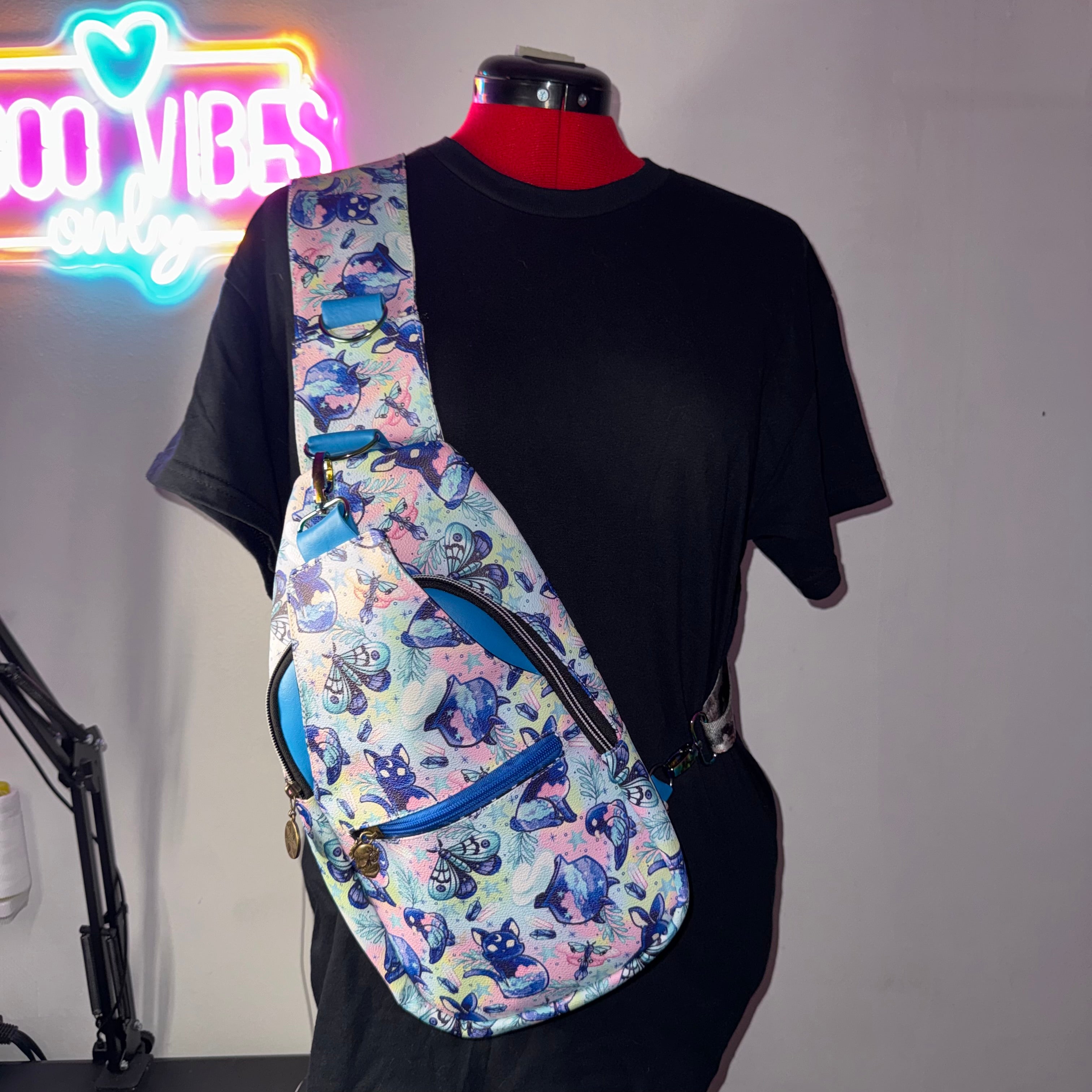Pastel Cryptid Sling Bag | Kawaii Goth Crossbody | Black Cat and Moth Print | Handmade Adjustable Bag