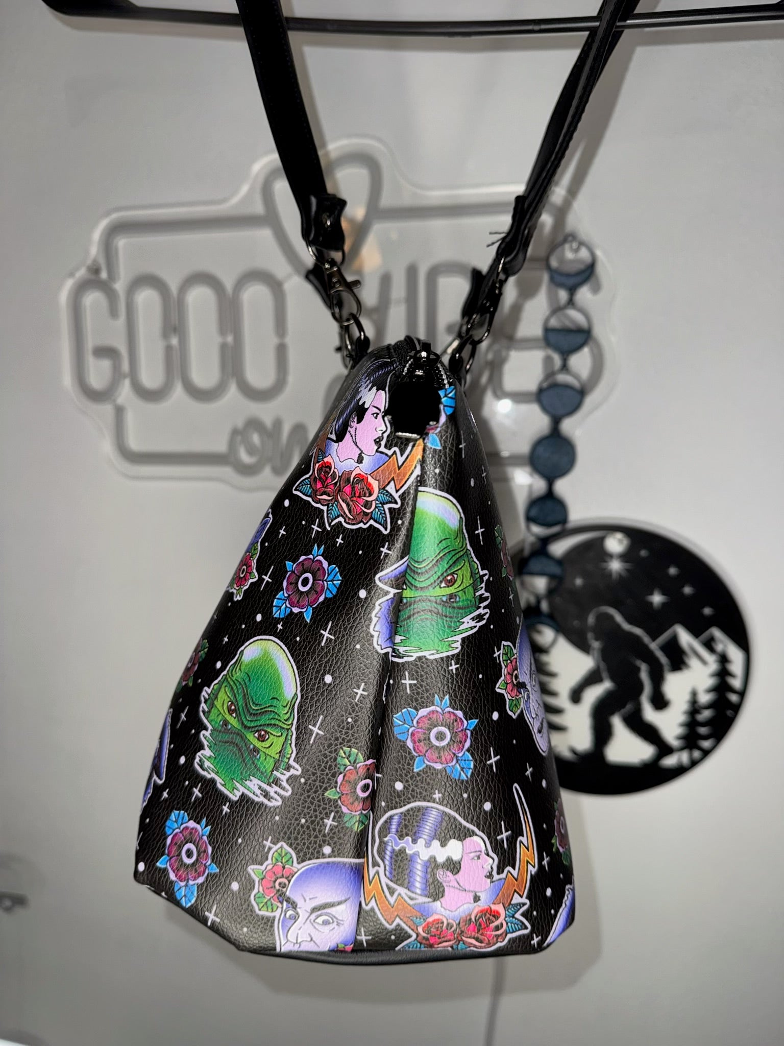 Classic Monster Crossbody Bag – Handmade Faux Leather Purse with Traditional Tattoo Flash Print