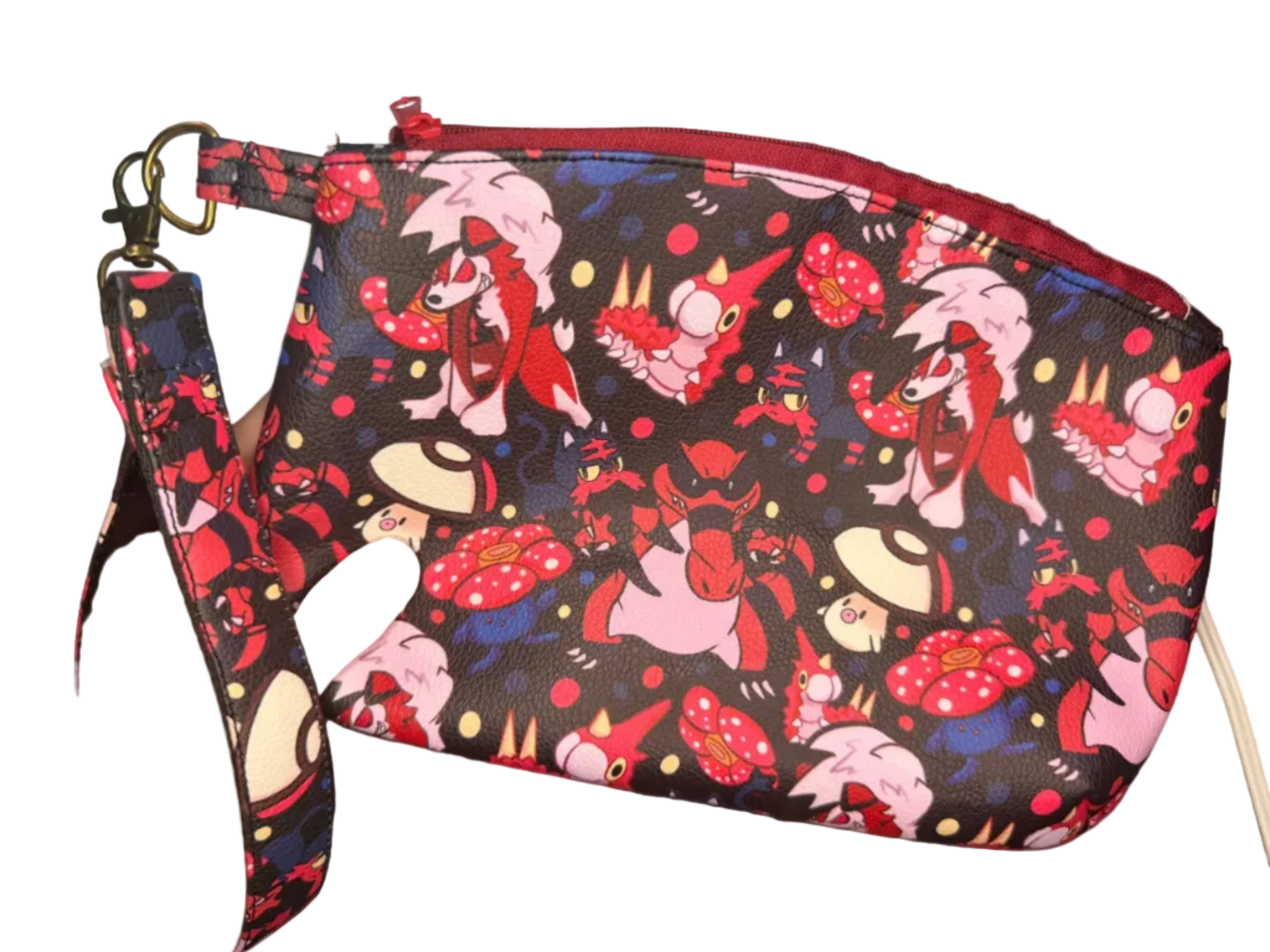 Multicolored pouch with cartoon character design on a white background