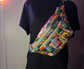 Handmade cryptid fanny pack with Bigfoot, Mothman, and Nessie postage-stamp print