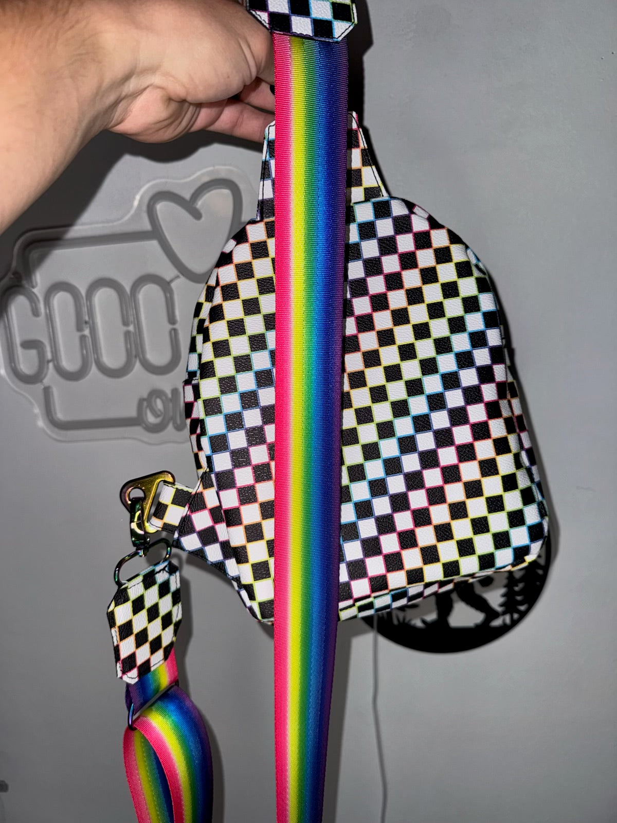 Rainbow Checkerboard Sling Bag – Handmade Faux Leather Crossbody Sling Backpack