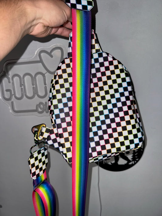 Rainbow Checkerboard Sling Bag – Handmade Faux Leather Crossbody Sling Backpack