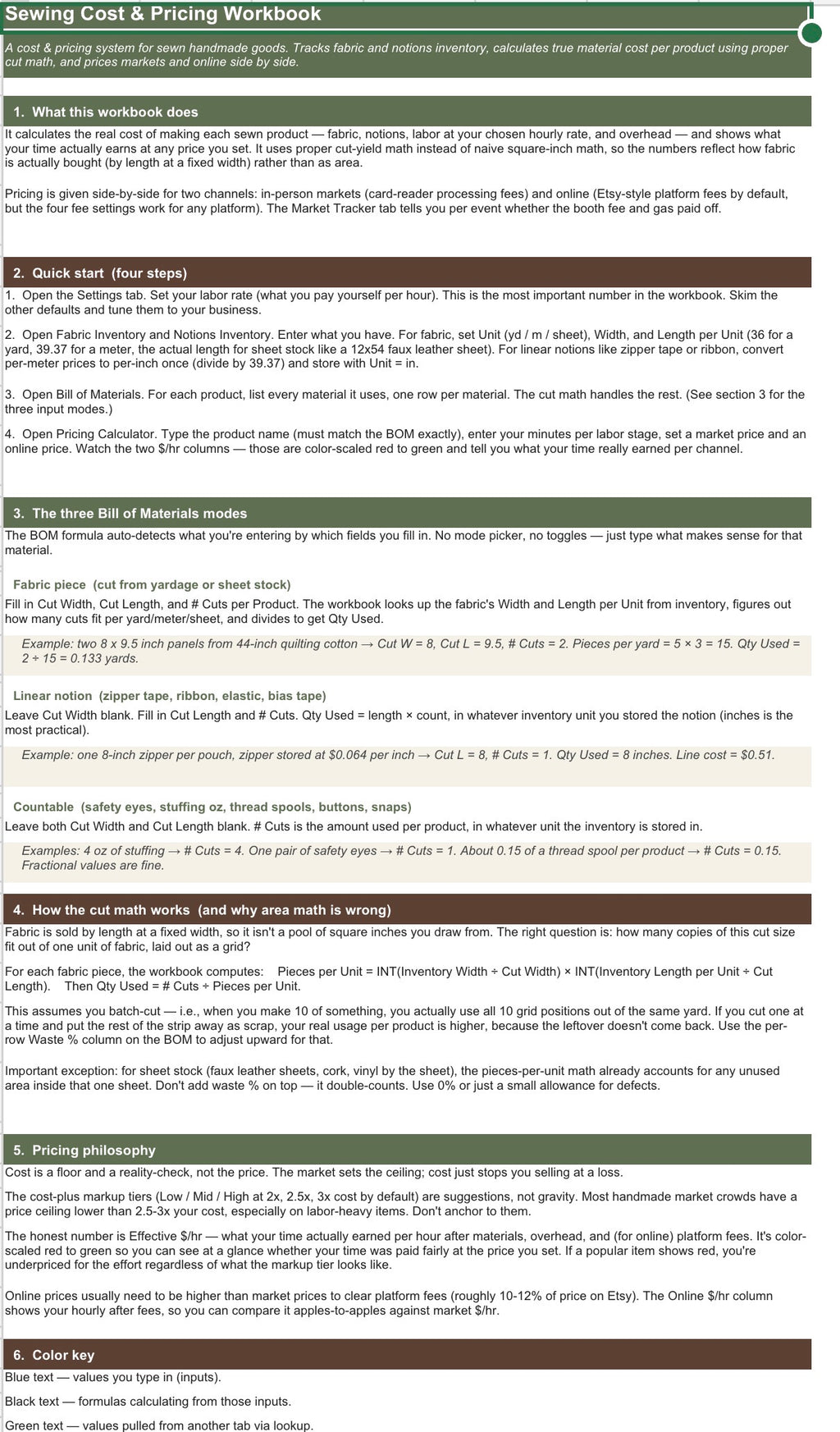 Sewing Cost & Pricing Workbook | Pricing Calculator + Inventory Tracker for Handmade Sellers (Excel & Google Sheets)