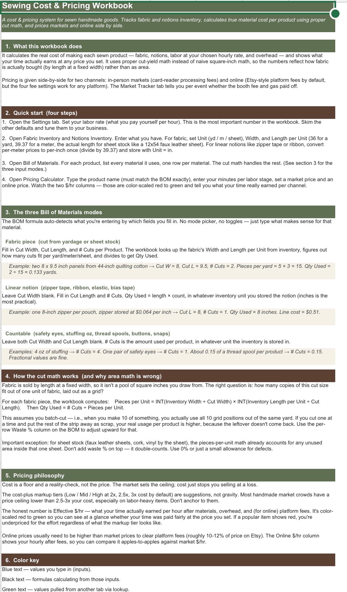 Sewing Cost & Pricing Workbook | Pricing Calculator + Inventory Tracker for Handmade Sellers (Excel & Google Sheets)
