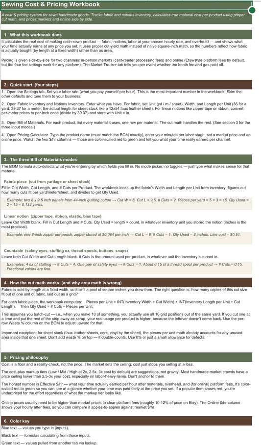 Sewing Cost & Pricing Workbook | Pricing Calculator + Inventory Tracker for Handmade Sellers (Excel & Google Sheets)