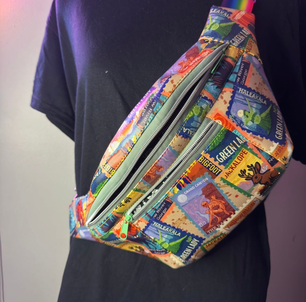 Handmade cryptidcore hip bag with vintage postage-stamp cryptid print
