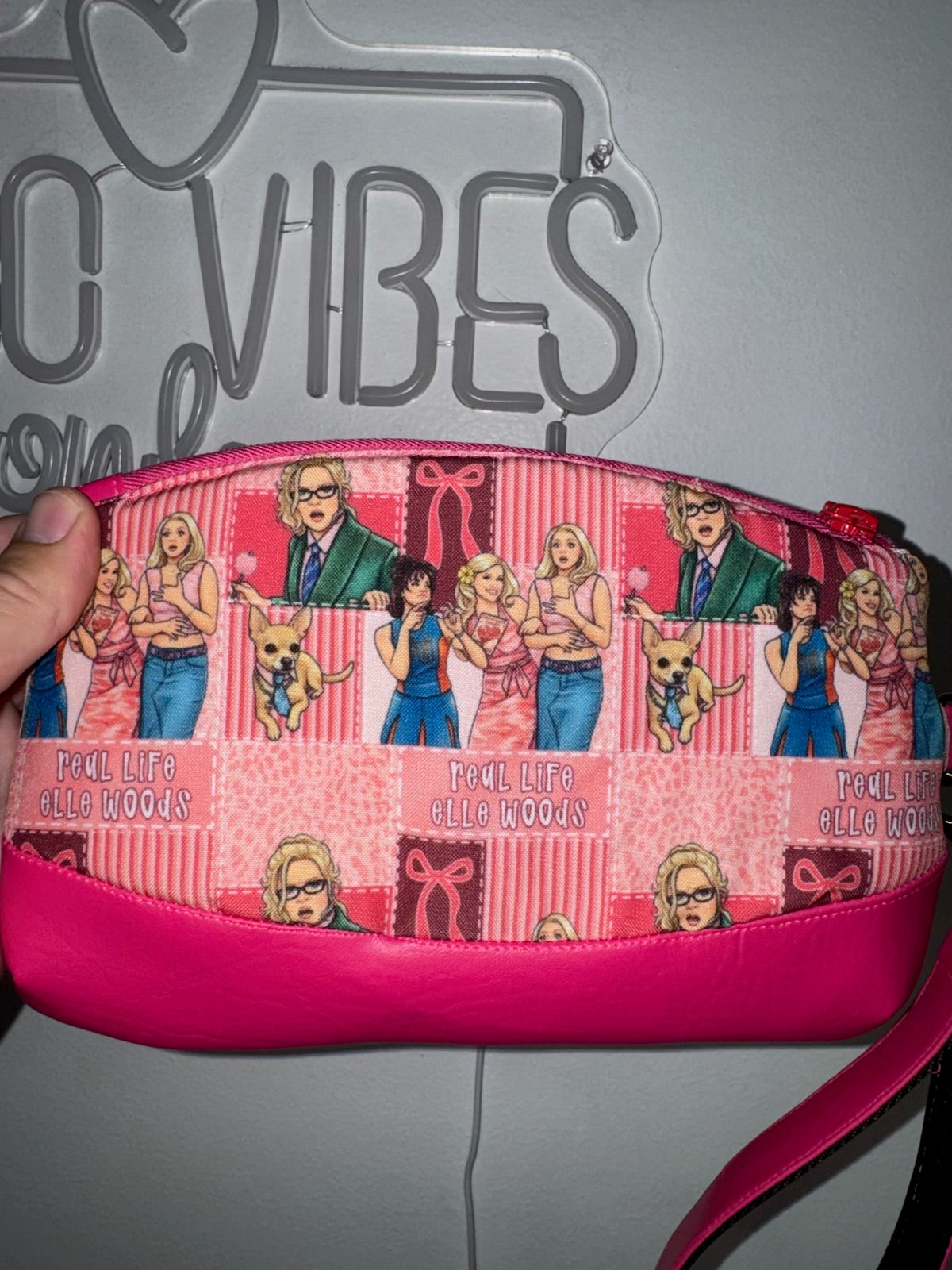 Handmade pink Legally Blonde inspired wristlet clutch with wrist strap