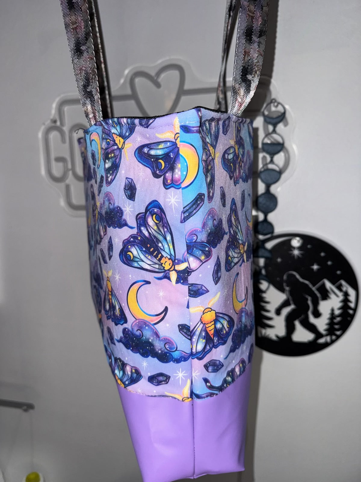 Celestial Moth Tote Bag – Handmade Galaxy Luna Moth Purse with Purple Vegan Leather Base