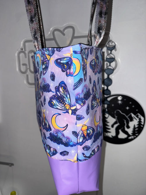 Celestial Moth Tote Bag – Handmade Galaxy Luna Moth Purse with Purple Vegan Leather Base