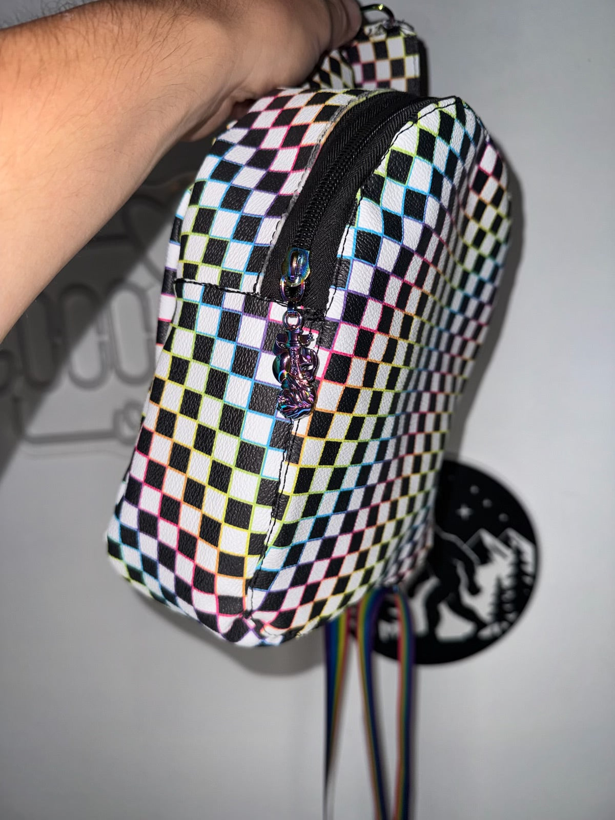 Rainbow Checkerboard Sling Bag – Handmade Faux Leather Crossbody Sling Backpack