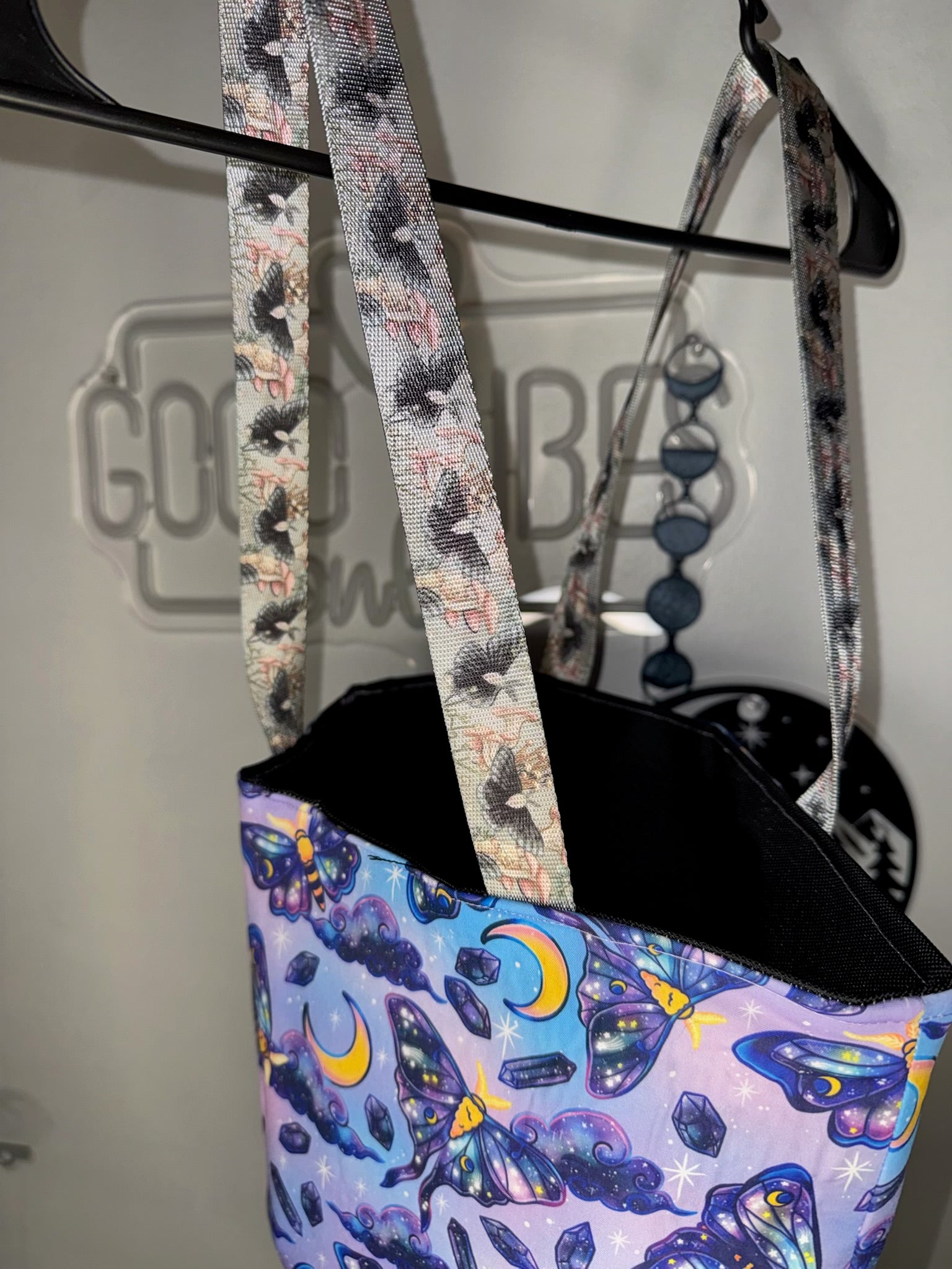 Celestial Moth Tote Bag – Handmade Galaxy Luna Moth Purse with Purple Vegan Leather Base