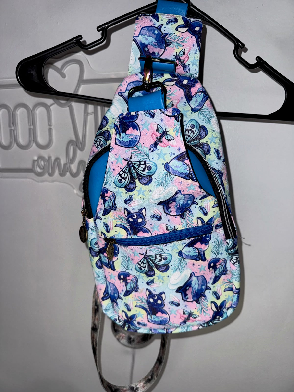Pastel Cryptid Sling Bag | Kawaii Goth Crossbody | Black Cat and Moth Print | Handmade Adjustable Bag