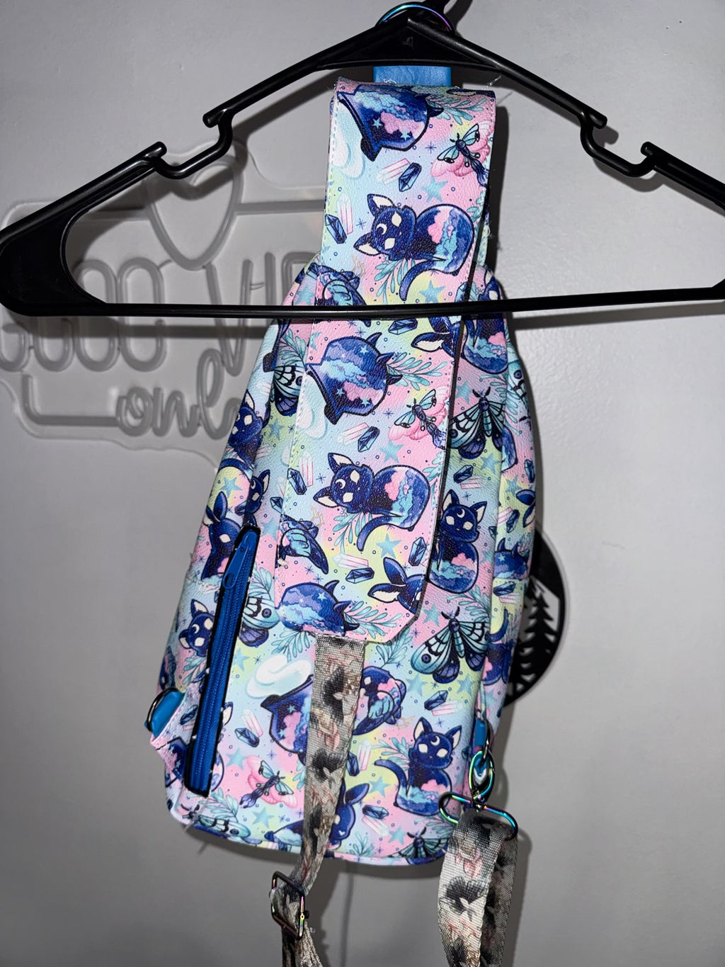 Pastel Cryptid Sling Bag | Kawaii Goth Crossbody | Black Cat and Moth Print | Handmade Adjustable Bag