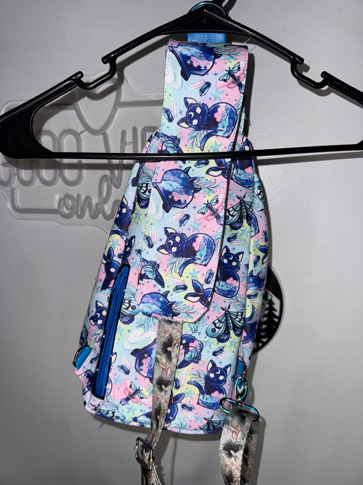 Pastel Cryptid Sling Bag | Kawaii Goth Crossbody | Black Cat and Moth Print | Handmade Adjustable Bag