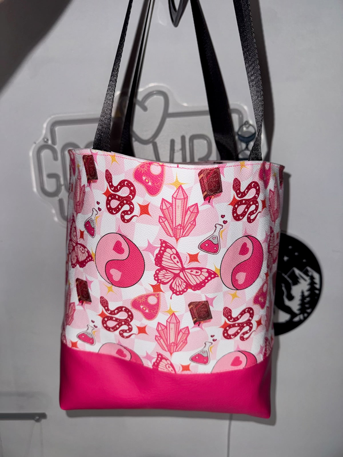 Whimsigoth Tote Bag | Witchy Snake and Crystal Print | Handmade Shoulder Bag | Pink Faux Leather Base