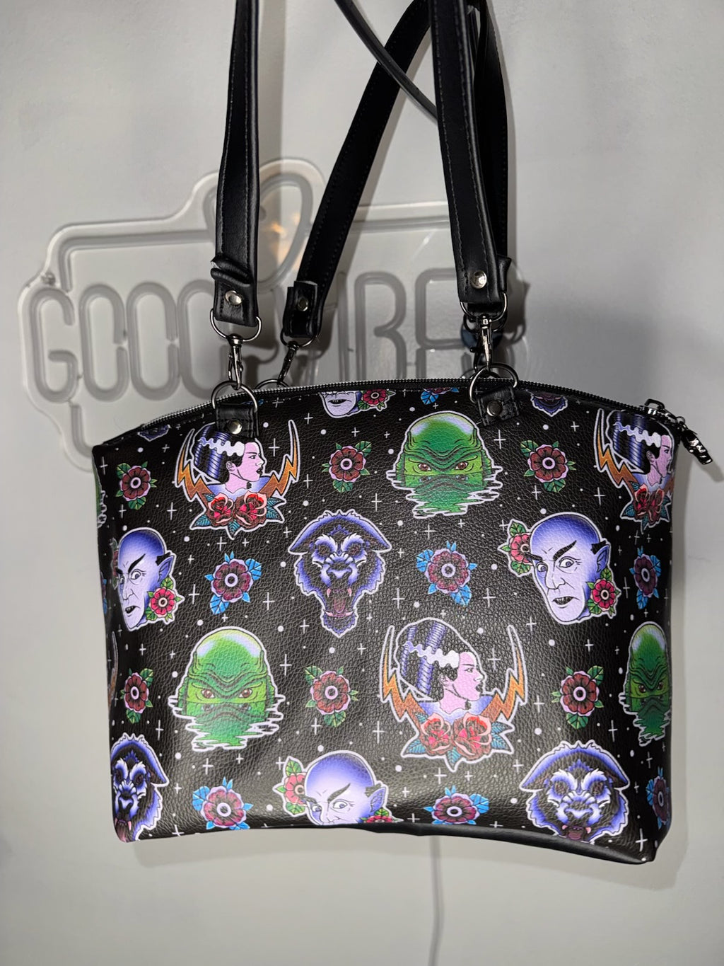 Classic Monster Crossbody Bag – Handmade Faux Leather Purse with Traditional Tattoo Flash Print