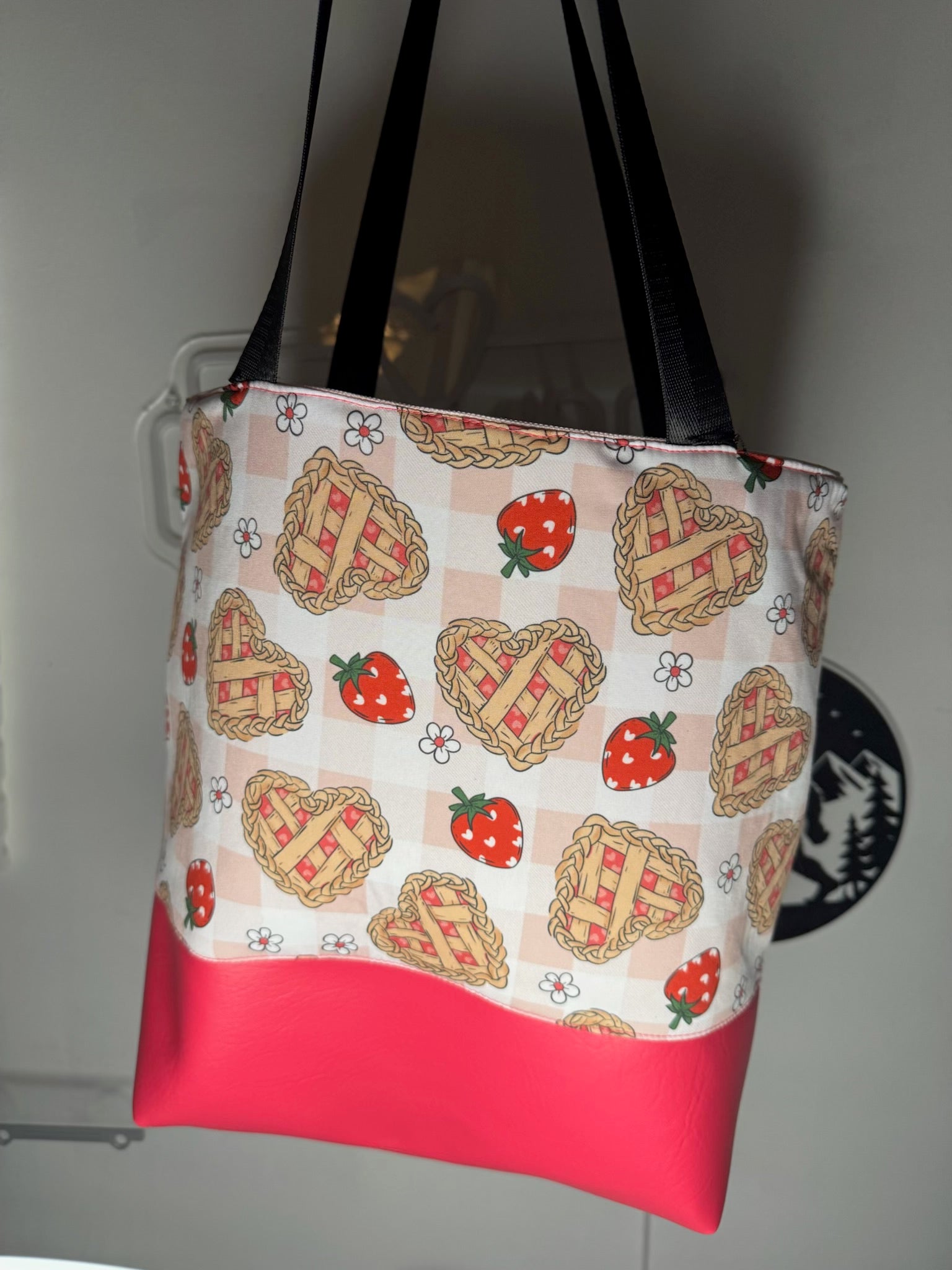 Strawberry Pie Tote Bag | Cottagecore Handmade Shoulder Bag | Coral Faux Leather Base | Everyday Tote