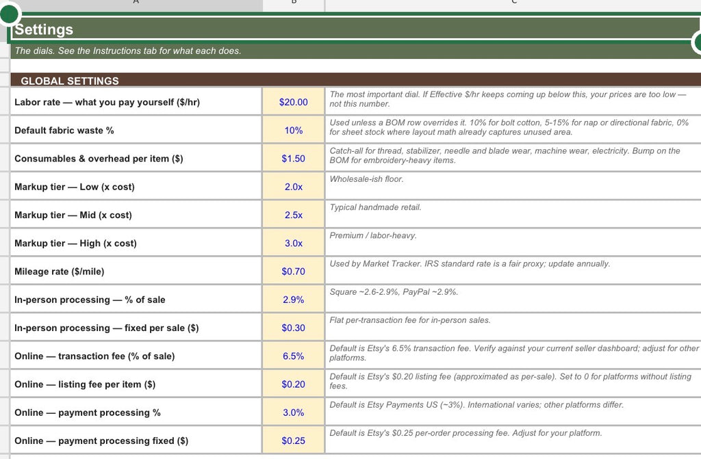 Sewing Cost & Pricing Workbook | Pricing Calculator + Inventory Tracker for Handmade Sellers (Excel & Google Sheets)