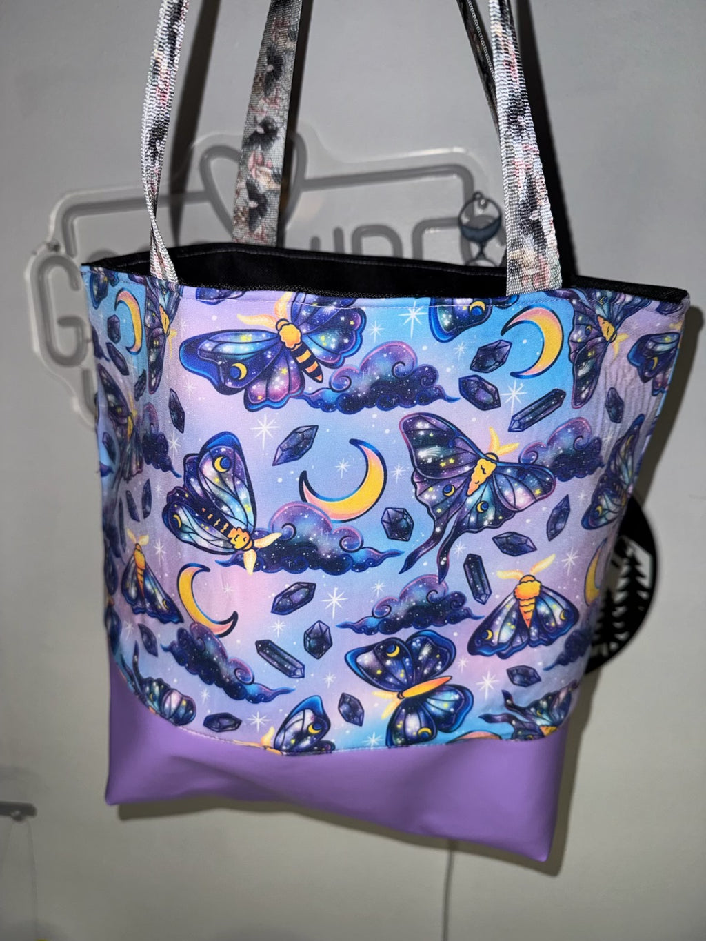 Celestial Moth Tote Bag – Handmade Galaxy Luna Moth Purse with Purple Vegan Leather Base