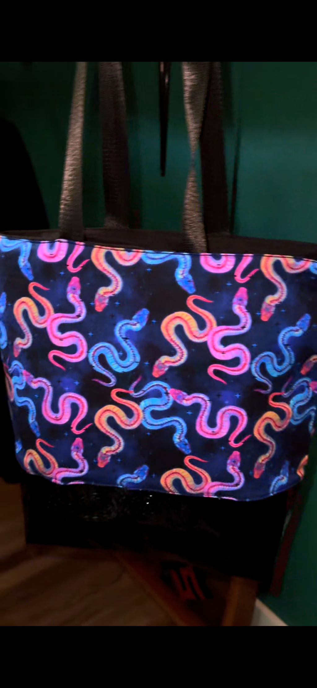 Neon X-ray snake print canvas tote bag with black webbing straps