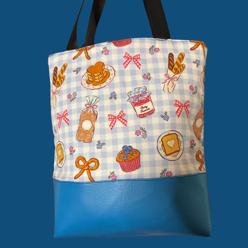 Breakfast Gingham Tote Bag | Cottagecore Handmade Shoulder Bag | Blue Faux Leather Base | Everyday Tote