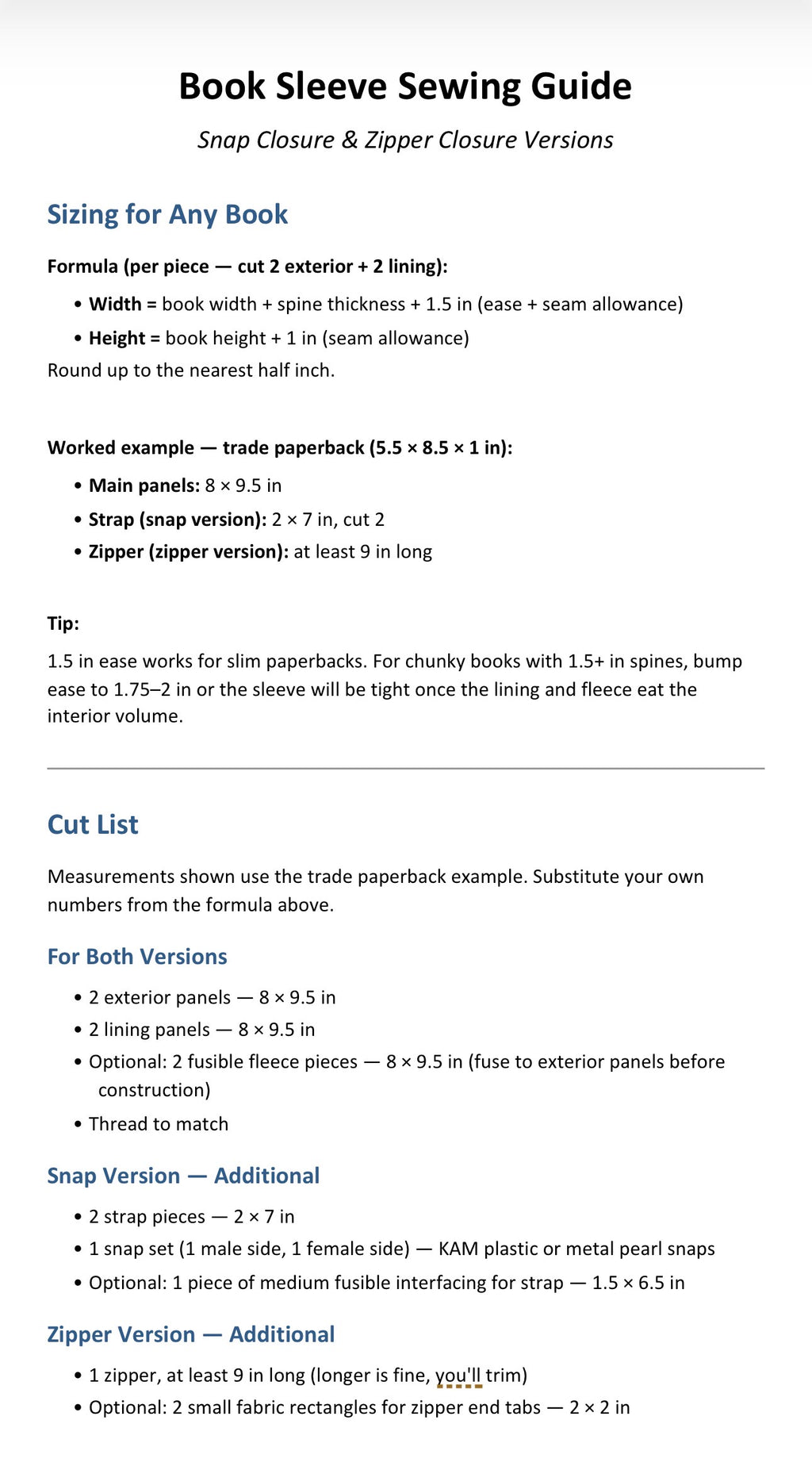 Downloadable Book Sleeve Instructions