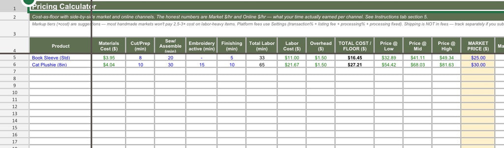 Sewing Cost & Pricing Workbook | Pricing Calculator + Inventory Tracker for Handmade Sellers (Excel & Google Sheets)