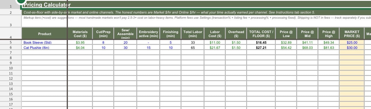 Sewing Cost & Pricing Workbook | Pricing Calculator + Inventory Tracker for Handmade Sellers (Excel & Google Sheets)