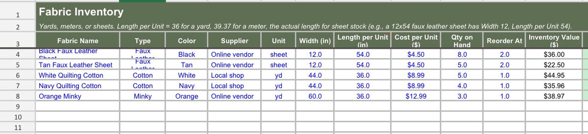 Cahier d'exercices sur les coûts et la tarification en couture | Calculateur de prix + Suivi d'inventaire pour vendeurs d'articles faits main (Excel et Google Sheets)