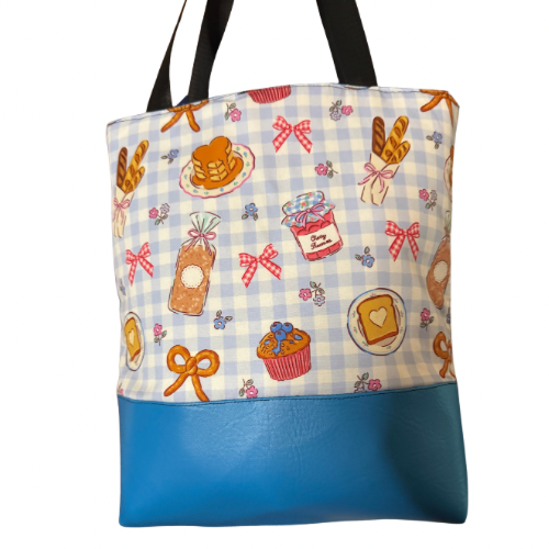 Breakfast Gingham Tote Bag | Cottagecore Handmade Shoulder Bag | Blue Faux Leather Base | Everyday Tote