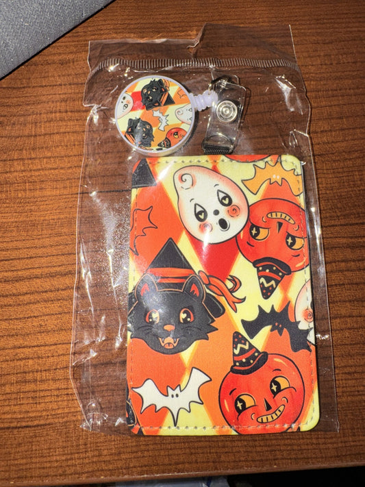 Vintage Halloween badge reel and ID holder set