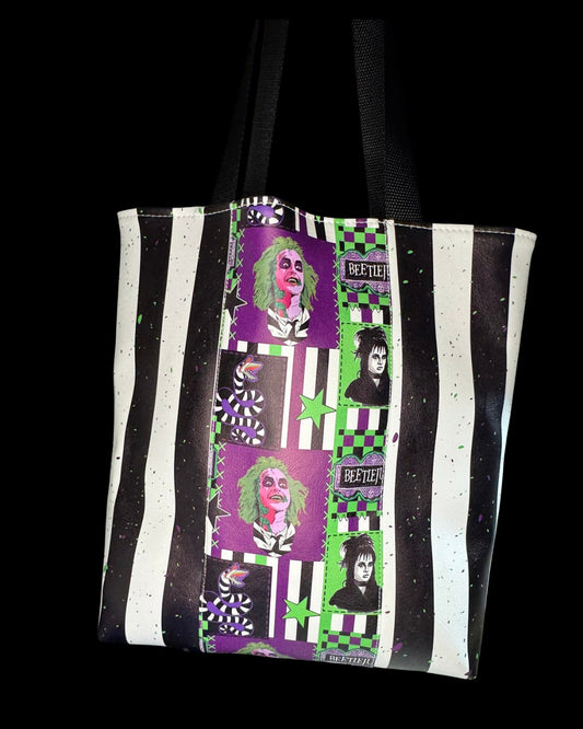 Beetlejuice striped tote bag with character print panel