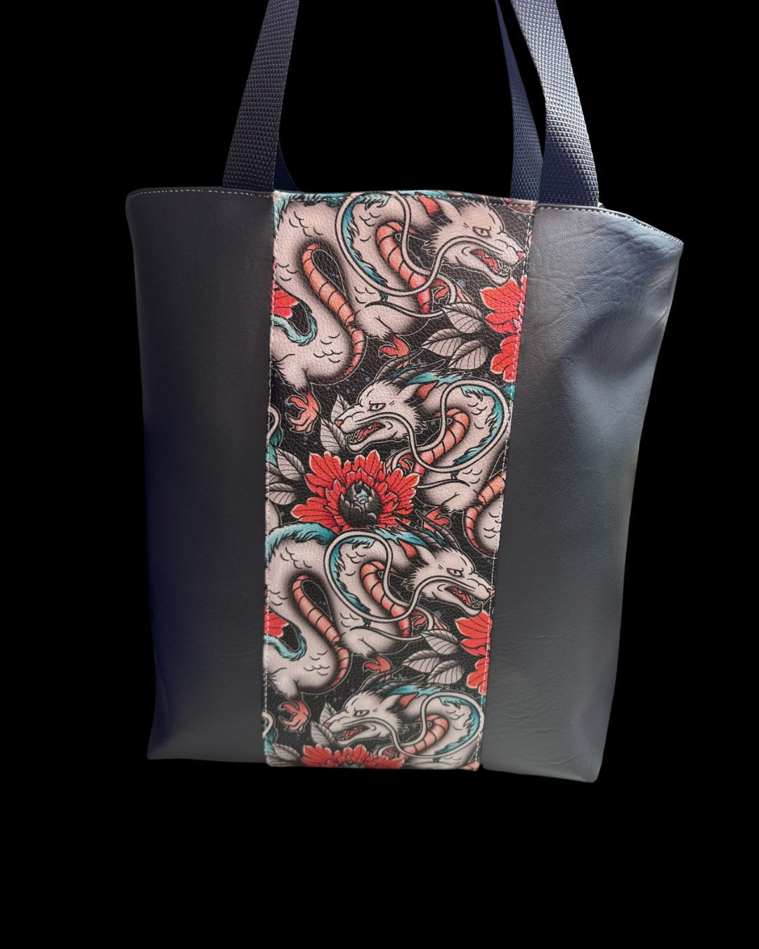 Tattoo dragon and peony print tote bag with grey vinyl