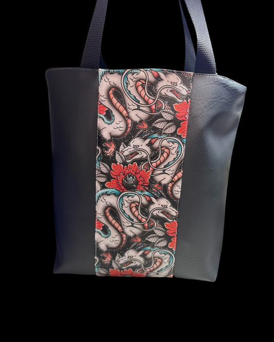 Tattoo dragon and peony print tote bag with grey vinyl