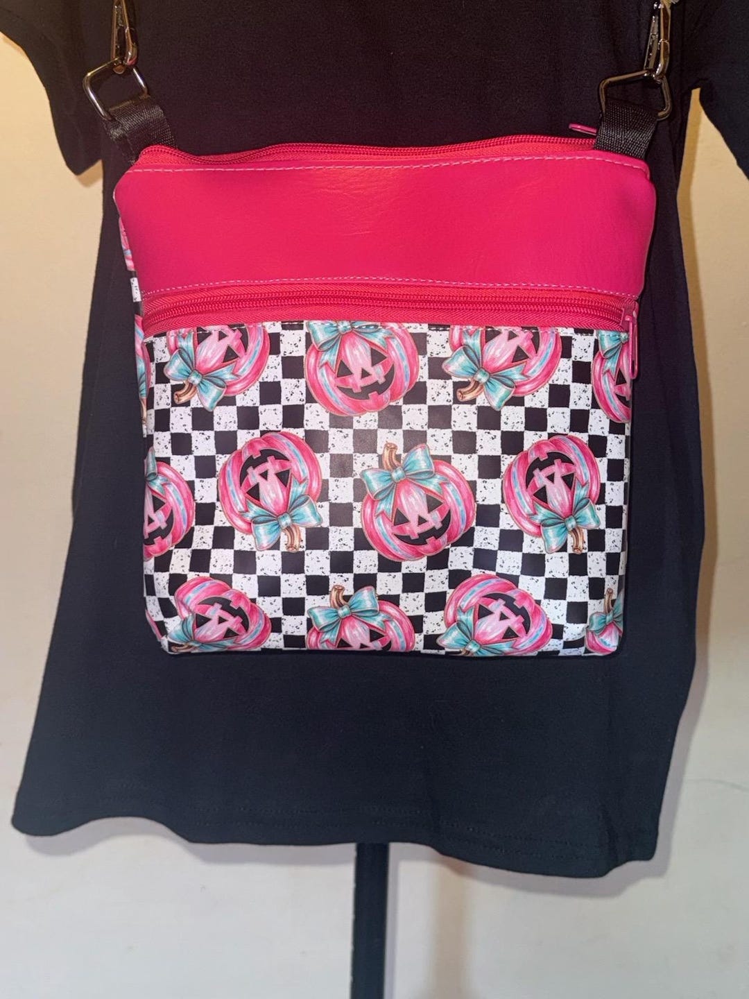 Pink pumpkin checkered crossbody bag with hot pink top panel