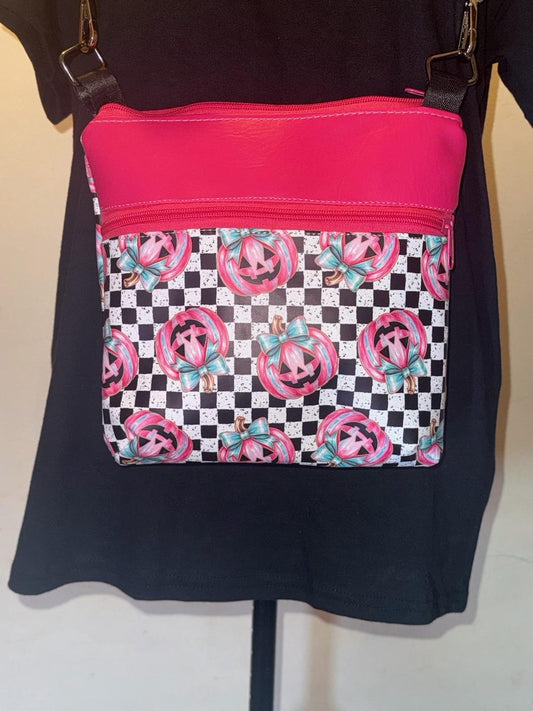 Pink pumpkin checkered crossbody bag with hot pink top panel