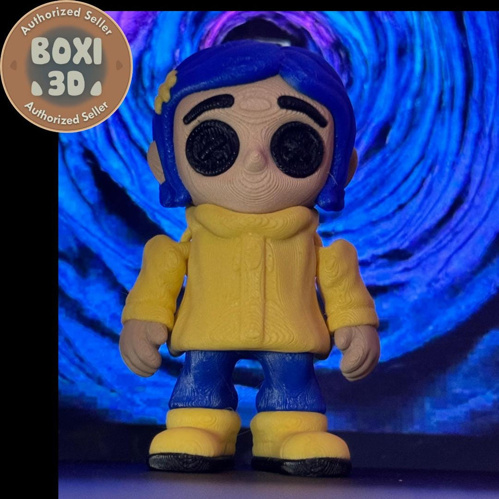 Button eyed Coraline inspired Flexi Figurine 3D printed articulated collectible, spooky whimsical doll fan art, Halloween decor, horror toy