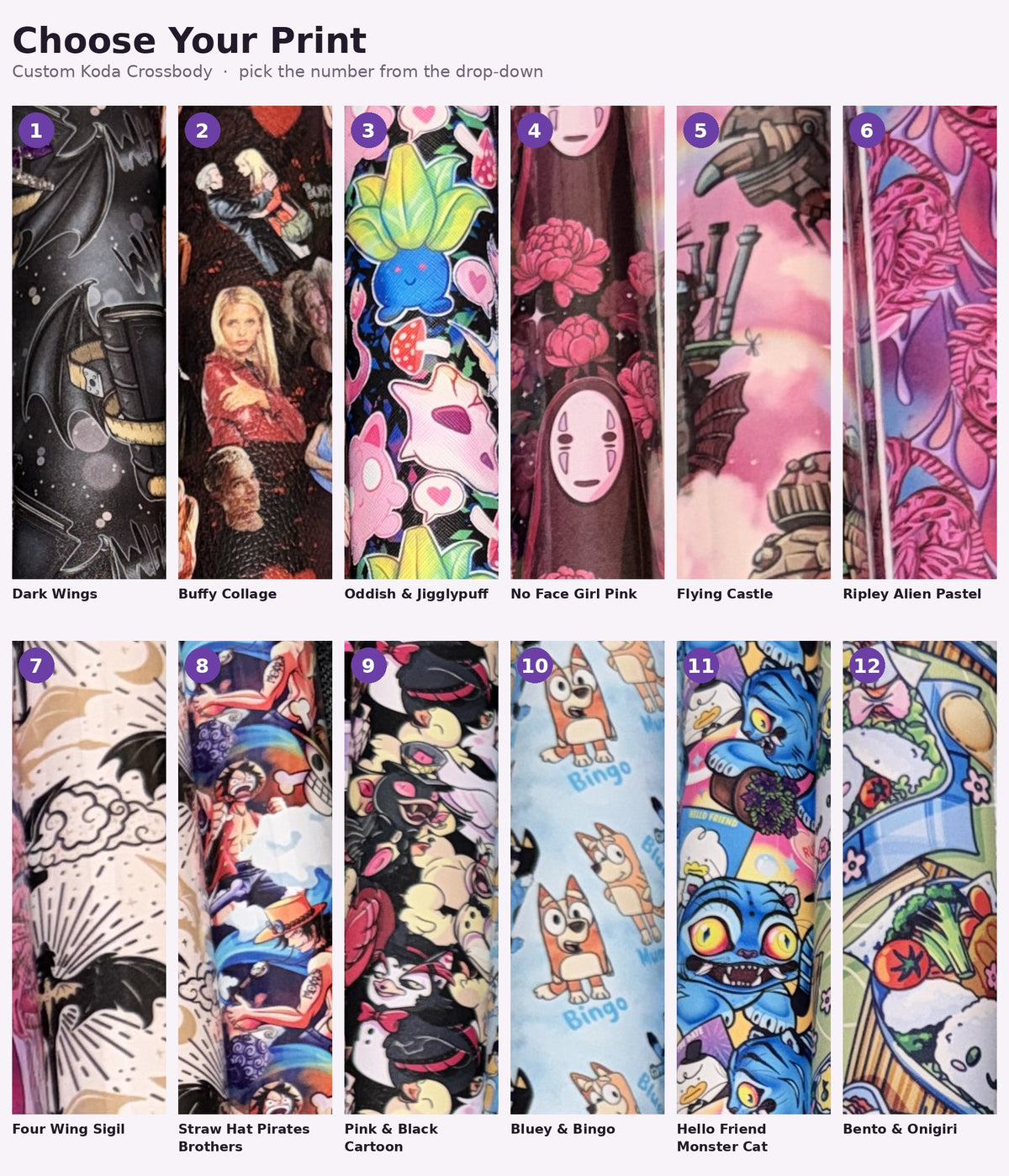 Numbered print chart: 12 print choices for the custom Koda crossbody